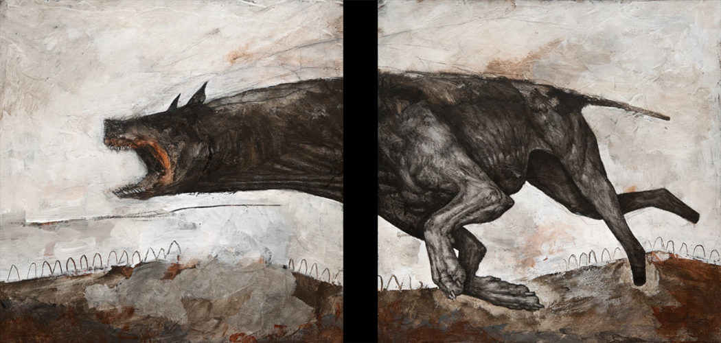 THE HOUND - 2024 - 65x30cm (2 panels 30x30cm) - Acrylic and mixed media on wood - Private collection
